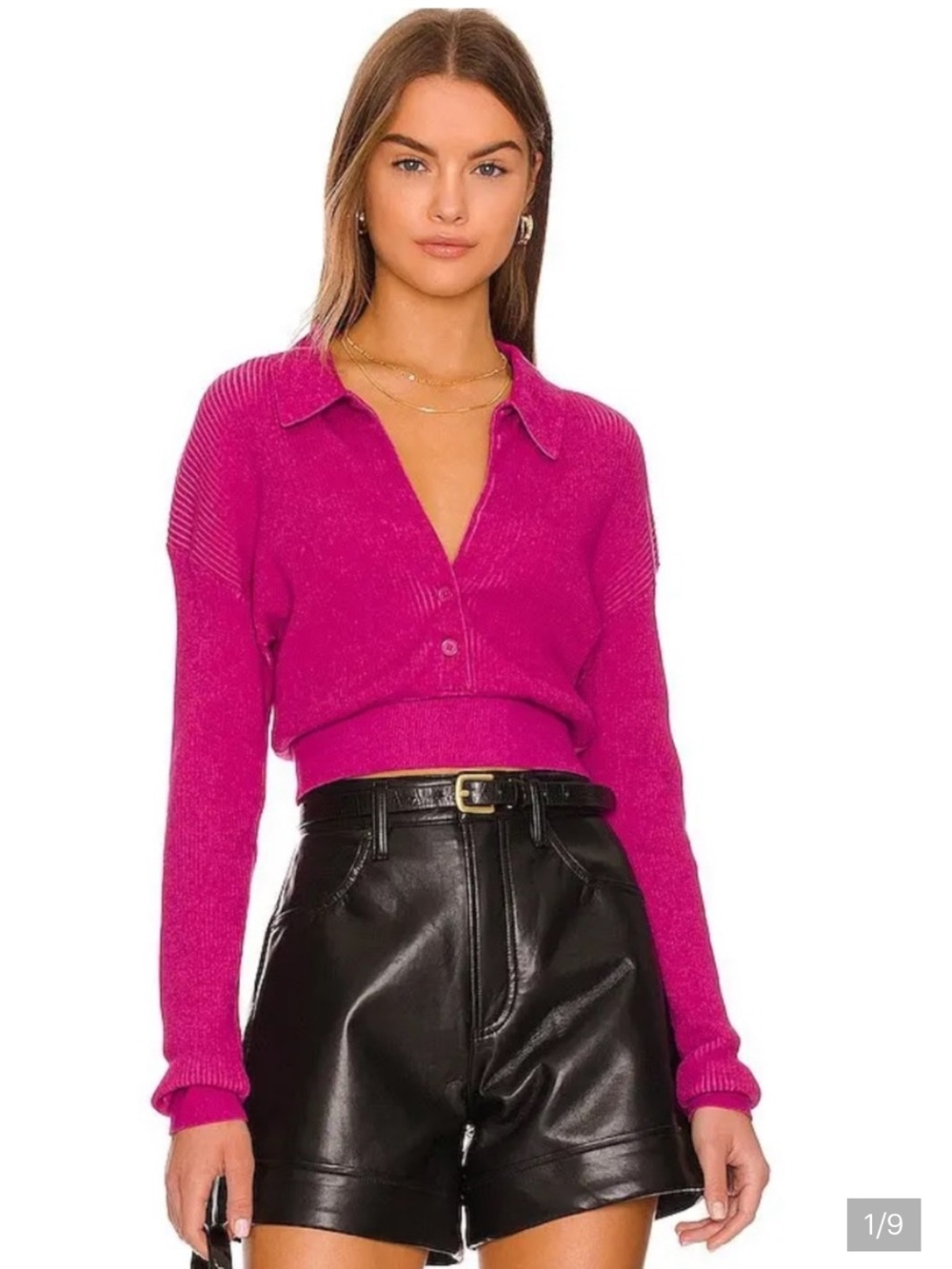 Monrow Twotone Rib Polo Top in Raspberry Rose Color size Medium - Picture 2 of 12
